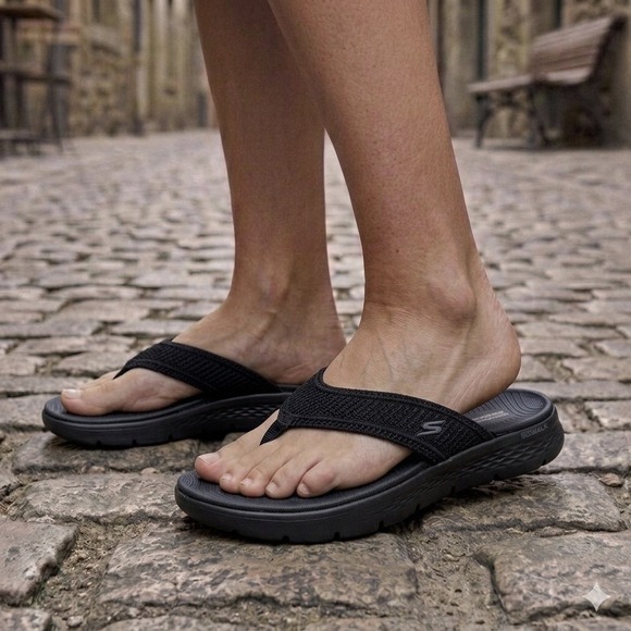 Skechers Shoes - Skechers GoWalk Sandals Women 6 Black 41459/BBK Machine Washable Flip Flops NEW